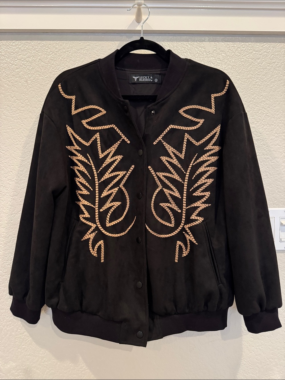 Lucky & Blessed Western Black Bomber Jacket with Tan Embroidered Detail